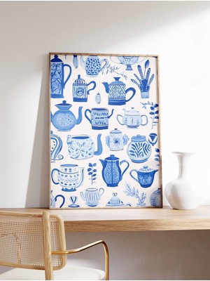 Ninastore Mavi Çaydanlık Baskısı Retro Yemek Sanatı Vintage Mutfak Posteri Mutfak Dekorasyonu Yemek Illüstrasy