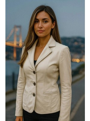 HMO Store Krem Klasik Özel Tasarım Premium Hakiki Deri Ceket