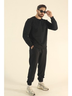 EYDAMOON Erkek Kışlık Içi Polar Eşofman Takımı Bisiklet Yaka Sweatshirt Jogger - Siyah Regular Lastikli Paça