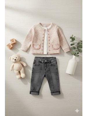Selvira Kız Bebek 3'lü Ceketli Set - Pamuklu Body ve Gri Jean Pantolon Takımı