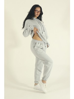 EYDAMOON Kadın Kışlık Içi Polarlı Eşofman Takımı Kapüşonlu Sweatshirt Jogger - Gri Regular Lastikli Paça