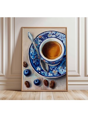 Ninastore Kahve Temalı Sanat Baskısı | Mavi ve Beyaz Mutfak Duvar Sanatı | Gerçekçi Yağlı Boya Tarzı Poster |