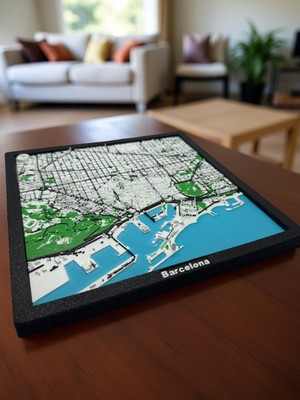 Dekoratif Cityarte - Barselona 3b Şehir Haritası - 3b Baskı - Dynacore