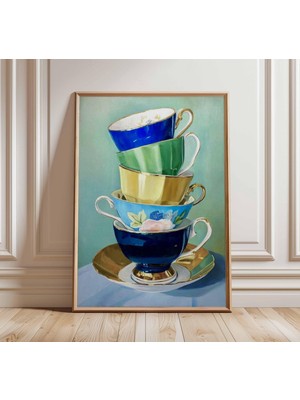 Ninastore Vintage Çay Fincanı Suluboya Baskı | Mutfak Duvar Sanatı | Zarif Çay Saati Posteri | Kır Evi Tarzı E