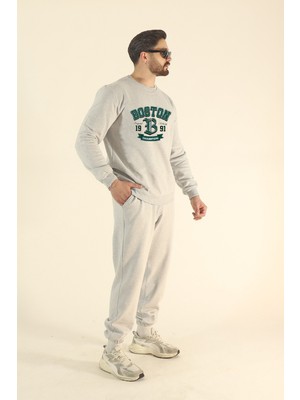 EYDAMOON Erkek Boston Baskılı Eşofman Takımı Sweatshirt Jogger - Regular Kışlık Bisiklet Yaka