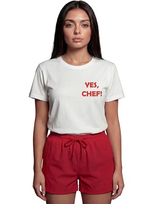 Color Luxe ''yes, Chef!'' Yazılı Minimalist Baskılı %100 Pamuk Rahat Kesim Premium Kadın Tişört