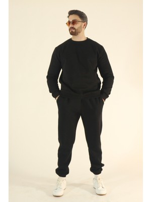 EYDAMOON Erkek Siyah Kışlık Içi Polarlı Yumuşak Dokulu Sıfır Yaka Eşofman Takım