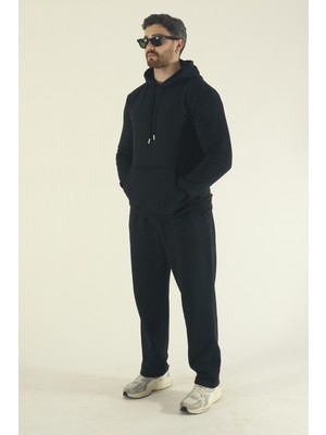 EYDAMOON Erkek Kışlık Içi Polarlı Kanguru Cepli Sweatshirt Alt Baggy Eşofman Takımı-Siyah