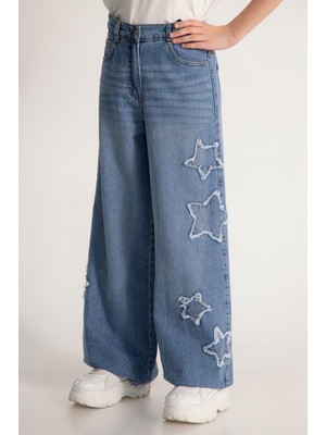 Magu Kız Çocuk Pamuklu Mavi Yıldız Aplikeli Denim Pantolon