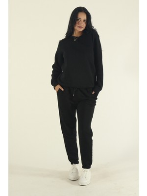 EYDAMOON Kadın Siyah Kışlık Pamuklu Puf Kumaş Bisiklet Yaka Jogger Eşofman Takımı