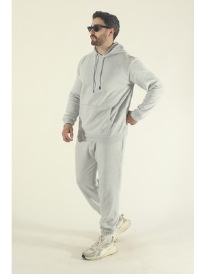 EYDAMOON Erkek Kışlık Pamuklu Eşofman Takımı Kanguru Cep Sweatshirt Jogger - Gri Regular Lastikli Paça