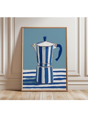 Ninastore Mavi ve Beyaz Moka Pot Posteri, Modern Akdeniz Kahve Sanatı, Minimalist Mutfak Duvar Dekoru, Çizgili
