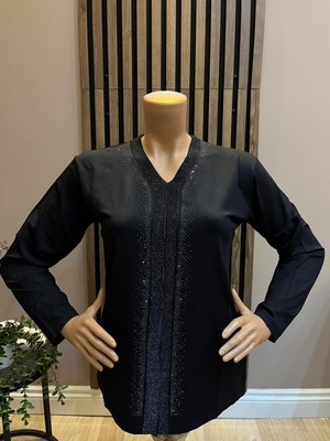 Akmavi Kadın Orta Yaş ve Üzeri Triko Şeritli Taşlı Anne Penye Bluz