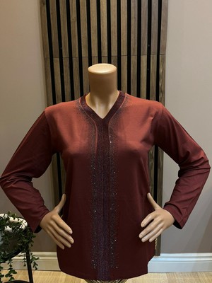 Akmavi Kadın Orta Yaş ve Üzeri Triko Şeritli Taşlı Anne Penye Bluz