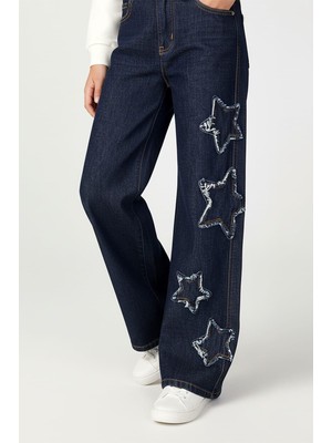 Magu Kız Çocuk Pamuklu Lacivert Yıldız Aplikeli Denim Pantolon