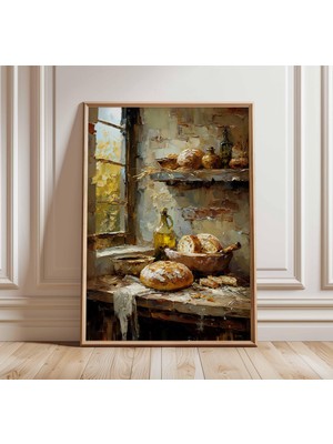 Ninastore Rustik Mutfak Natürmort Posteri | Vintage Ekmek Sanatı Baskısı | Yağlı Boya Tarzı Duvar Sanatı | Kır