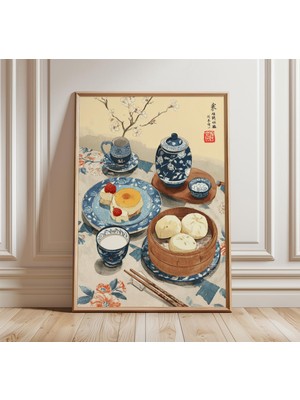 Ninastore Çin Kahvaltısı Duvar Sanatı Seti, Mavi ve Beyaz Porselen Baskılar, Çay ve Dim Sum Posterleri, Asya M