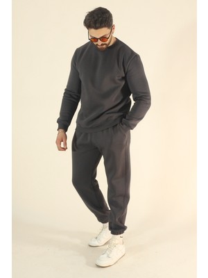 EYDAMOON Erkek Füme Kışlık Içi Polarlı Yumuşak Dokulu Sıfır Yaka Eşofman Takım