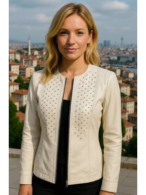 HMO Store Krem Taşlı Özel Tasarım Premium Kadın Hakiki Deri Ceket