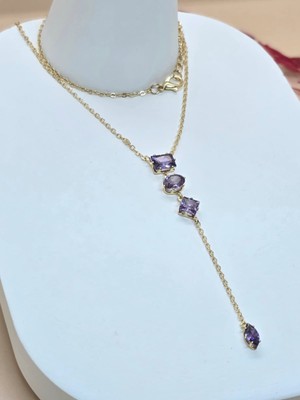 Mor Renk Zirkon Taş Zincir Kolye