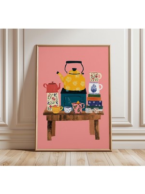 Ninastore Retro Çay Saati Posteri, Vintage Mutfak Duvar Sanatı Baskısı, Renkli Çaydanlık ve Kupa Illüstrasyonu