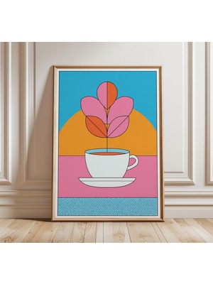 Ninastore Modern Çiçekli Çay Fincanı Posteri Renkli Geometrik Duvar Sanatı Orta Çağ Mutfak Baskısı Pembe ve Ma