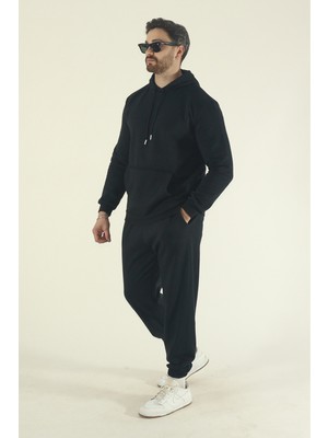 EYDAMOON Erkek Kışlık Pamuklu Eşofman Takımı Kanguru Cep Sweatshirt Jogger - Siyah Regular Lastikli Paça