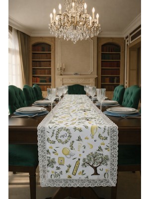 Rona Home Zeytin Dalı Desenli Runner Masa Örtüsü Dantel Kenarlı Mutfak Salon Dekoratif Zeytin Temalı Runner