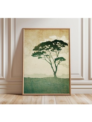 Ninastore Vintage Ağaç Manzarası Posteri Minimalist Doğa Duvar Sanatı Rustik Yeşil Orman Baskısı Japon Ahşap B
