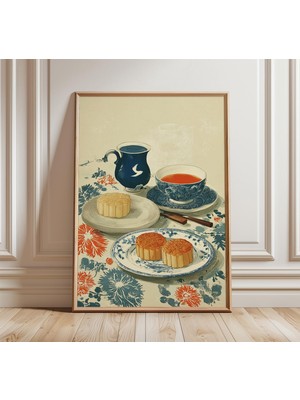 Ninastore Çin Ay Pastası Sanat Baskısı Geleneksel Tatlı ve Çay Posteri Sonbahar Ortası Festivali Duvar Sanatı