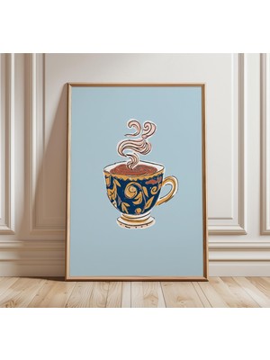 Ninastore Zarif Kahve Fincanı Posteri, Minimalist Mavi Duvar Sanatı, Modern Mutfak Dekorasyonu, Neşeli Buhar I