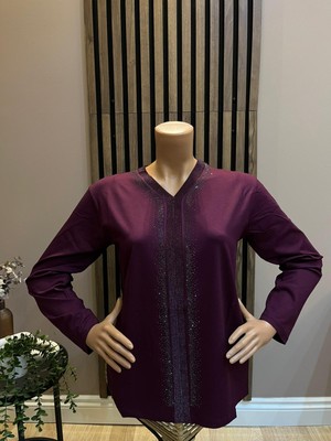 Akmavi Kadın Orta Yaş ve Üzeri Triko Şeritli Taşlı Anne Penye Bluz