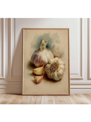 Ninastore Rustik Sarımsak Natürmort Posteri, Vintage Mutfak Duvar Sanatı Baskısı, Kırsal Çiftlik Evi Yemek Ill