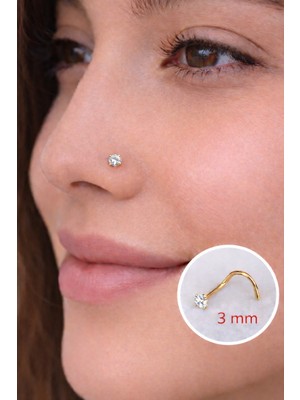 Sacce Scarves & Accessories Gold Renk 316 L Çelik 3 mm Tektaş Hızma Arkası Kıvrımlı Düşmeyen Burun Piercingi