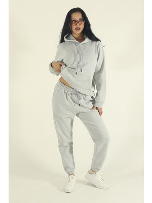 EYDAMOON Kadın Kışlık Pamuk Eşofman Takımı Kanguru Cep Kapüşonlu Sweatshirt Jogger-Gri Regular Lastikli Paça