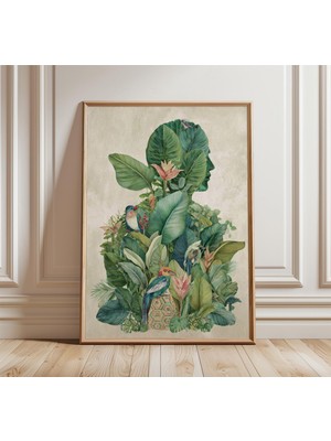 Ninastore Tropikal Adam Silüeti Sanat Baskısı Botanik Kolaj Poster Egzotik Orman Duvar Sanatı Doğa ve Kuş Illü