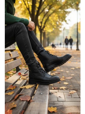 Enoch Hakiki Deri Yüksek Bilekli Tırtıklı Taban Siyah Erkek Bot