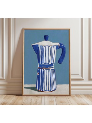 Ninastore Çizgili Moka Pot Posteri Modern Mavi ve Beyaz Kahve Sanatı Minimalist Akdeniz Mutfak Dekorasyonu Çağ