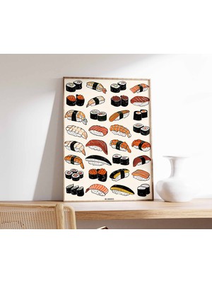 Ninastore Suşi Posteri, Suşi Çeşitleri Sanatı, Japon Yemekleri Baskısı, Japon Duvar Dekoru, Suşi Severler Için