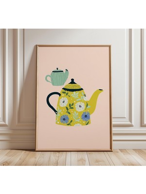 Ninastore Sarı Çiçekli Çaydanlık Duvar Sanatı, Pastel Pembe Arka Planlı Modern Mutfak Baskısı, Iskandinav Natü