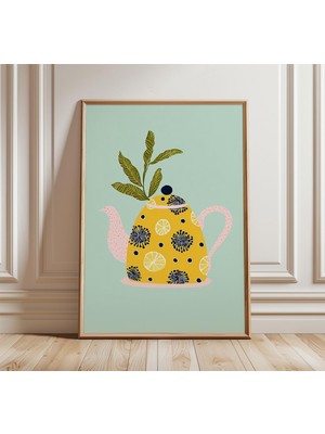 Ninastore Sarı Limon Çaydanlık Duvar Sanatı, Botanik Tasarımlı Modern Mutfak Baskısı, Neşeli Yemek Odası Dekor