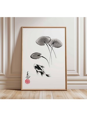 Ninastore Japon Koi Balığı Duvar Sanatı Minimalist Mürekkep Resim Baskısı Zen Asya Posteri Lotus Gölü Sanat Es