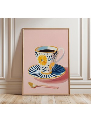 Ninastore Çiçekli Kahve Fincanı Sanat Baskısı, Mutfak Için Modern Natürmort Poster, Pembe ve Mavi Duvar Sanatı