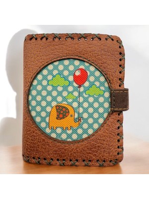 Fildişi Aksesuar El Yapımı Kadın Cüzdan Vegan Deri Balonlu Fil Görselli Kahverengi Renk