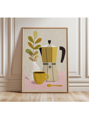 Ninastore Modern Moka Pot Duvar Sanatı, Sarı Fincan ve Vazo ile Orta Çağ Kahve Baskısı, Iskandinav Ev Iç Dekor