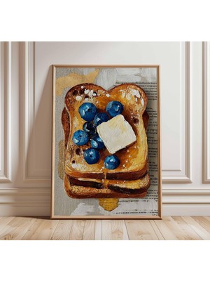 Ninastore Yaban Mersinli Tost Posteri | Modern Mutfak Duvar Sanatı Baskısı | Yemek Natürmort Resim Tarzı | Kah