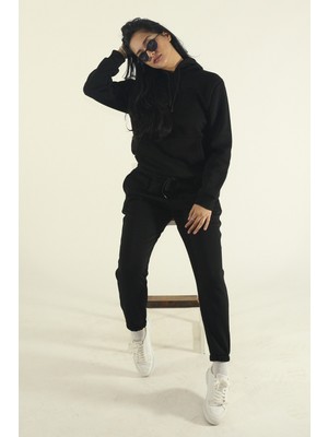 EYDAMOON Kadın Siyah Kışlık Pamuklu Puf Kumaş Kanguru Cepli Kapüşonlu Jogger Eşofman Takımı