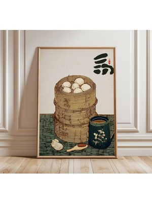 Ninastore Buharda Pişmiş Çörekler ve Çay Posteri | Japon Mutfağı Duvar Sanatı | Vintage Bambu Sepet Baskısı |