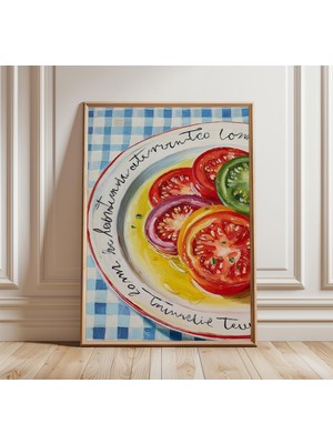 Ninastore Domates Salatası Sanat Baskısı Renkli Mutfak Duvar Dekoru Akdeniz Natürmort Posteri Canlı Yemek Illü