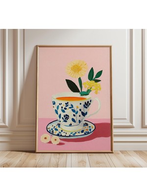 Ninastore Çiçekli Çay Fincanı Sanat Baskısı, Mutfak Için Modern Natürmort Poster, Pembe ve Mavi Duvar Sanatı,
